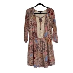 Signature Studio Dress Bohemian Style Lined Tassel Lace 3/4 Sleeve Pink Blue Med